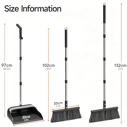 Spreezy Broom with Dustpan Combo Set, 52" Long Handle Standing Dustpan Set, Upright Dustpan with Cleaning Teeth, Indoor Outdoor Home, Office, Black-Gray