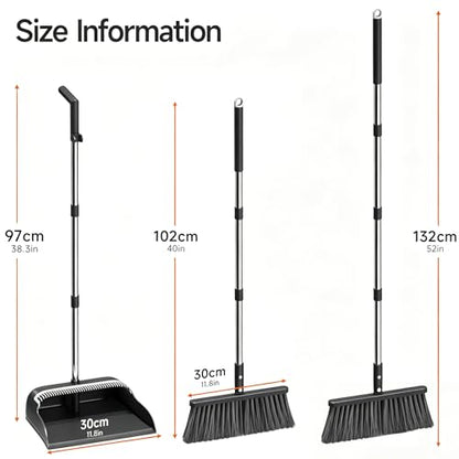 Spreezy Broom with Dustpan Combo Set, 52" Long Handle Standing Dustpan Set, Upright Dustpan with Cleaning Teeth, Indoor Outdoor Home, Office, Black-Gray