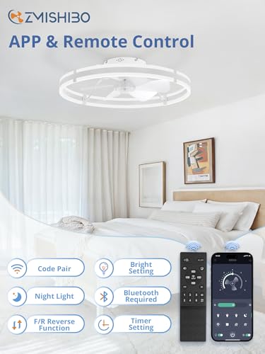 ZMISHIBO 24 Inch Ceiling Fans with Lights and Remote, Modern Low Profile Ceiling Fan, 3000-6000K Dimmable Flush Mount LED Fan Light, 6 Wind Speeds, Fandelier Ceiling Fans for Bedroom- White - color: White, size: 24 INCH