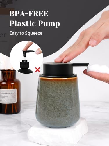 INGOFIN Ceramic Foaming Soap Dispenser -12oz Foam Hand Soap Dispenser Bathroom, Modern Refillable Dish Wash Soap Bottle for Kitchen with Large Pump -Kiln-Glazed Green - color: Kiln-glazed Blue Green-foam