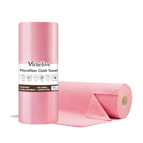 Microfiber Cleaning Cloth Roll, 50 Tear-Away Sheets, Reusable & Washable, Lint-Free, Non-Scratch Super Absorbent Towels for Kitchen, Home, Car, Windows & Screens, Pink Wave Pattern, 12x12 in - color: Pink Pack, size: 50 pack