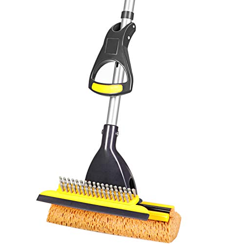 Yocada Sponge Mop Home Commercial Use Tile Floor Bathroom Garage Cleaning with Squeegee and Extendable Telescopic Long Handle 42-52 Inches Easily Dry Wringing - color: Sponge Mop