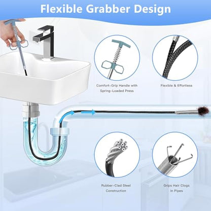 76 Inch Drain Snake Upgraded Ergonomic Grip – Toilet Snake Flexible Grabber Claw for Clog Remover & Pick Up Small Items - color: 79'' Bule