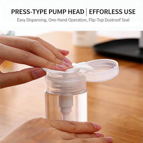 Refillable Press Pump Dispenser Bottle, Clear, Leak-Proof, Portable Reusable Travel Size for Makeup Remover, Toner, Nail Polish Remover,6.08oz(200ml)