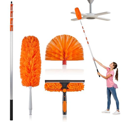 Outvita 26FT High Reach Duster Kit with 4-24FT Aluminum Extension Pole, Window Cleaning Squeegee ＆ Cleaner Kit, Cobweb Feather and Ceiling Fan Duster for High Ceiling
