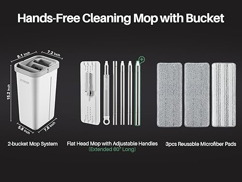 JOYMOOP Flat Mop System with Wringer Bucket, White, Microfiber Floor Cleaning Set for Wet and Dry Use, 60" Handle with 3 Reusable Pads - size: Middle Bucket #13 + 60" Flat Mop + 3 Pads