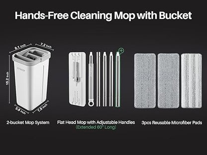 JOYMOOP Flat Mop System with Wringer Bucket, White, Microfiber Floor Cleaning Set for Wet and Dry Use, 60" Handle with 3 Reusable Pads - size: Middle Bucket #13 + 60" Flat Mop + 3 Pads