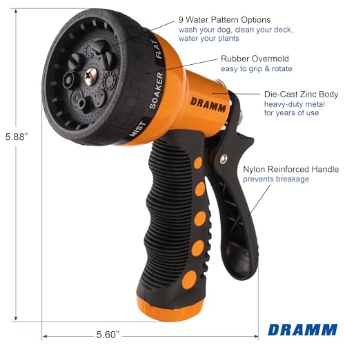Dramm Revolver Heavy Duty Metal Garden Hose Nozzle – 9 Spray Patterns, High Pressure Jet, Thumb-Control Flow, Ergonomic Grip – Orange - color: Orange, style: 9-Pattern Revolver