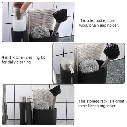 Artibetter 4 in 1 Cooking and Bathroom Storage Shelf with Soap Dispenser Set, Stainless Steel and Resin Cleaning Rack, Space-Saving Holder for Long Time Use in Black