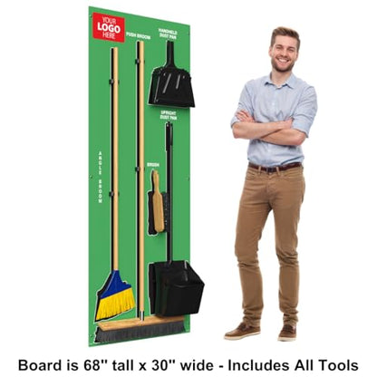 Custom Logo Clean & Sweep 5S Shadow Board/Wall Mount Broom Holder, 68" x 30" Board, 5S Cleaning Station - with Broom and Dustpan Set Included, Made in The USA by AccuformNMC