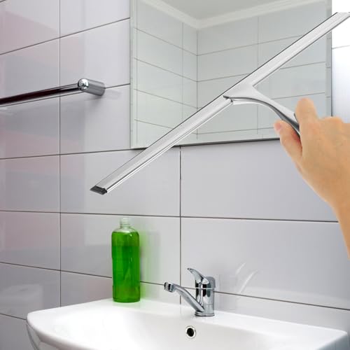 Glass Door Squeegee 14-inch Stainless Steel Shower Squeegee with Nail-Free Adhesive Hook Window Cleaning Tool for Bathroom and Car Windows