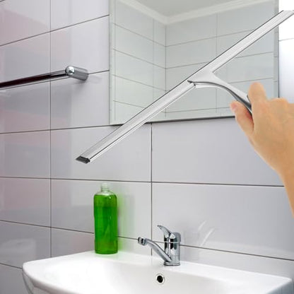Glass Door Squeegee 14-inch Stainless Steel Shower Squeegee with Nail-Free Adhesive Hook Window Cleaning Tool for Bathroom and Car Windows