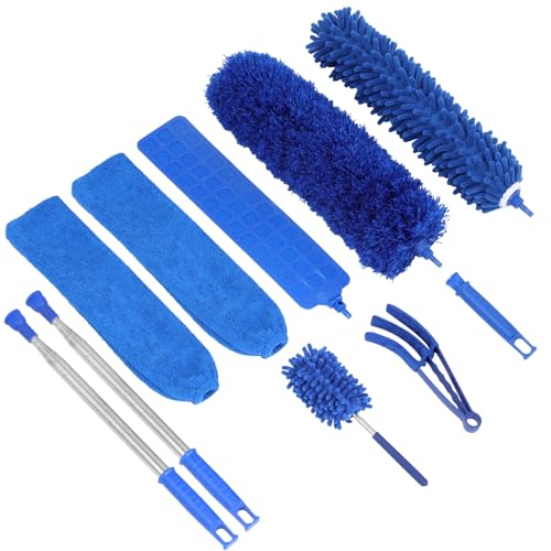 ZZ LAZYCOTTAGE 10 PCS Microfiber Cobweb Duster with Extension Pole (100 Inch Telescoping), Washable Dusters for Cleaning, Multifunctional Bendable Feather Duster for Ceiling Fan, Blind, High Ceiling - color: Blue