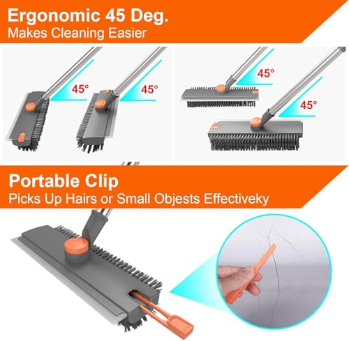 4-in-1 Floor Scrub Brush with Squeegee, Adjustable Long Handle, 360° Rotating Head, Stiff Bristles, Portable Hair Clip, Multi-Purpose