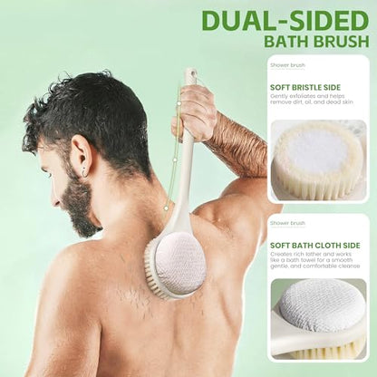 Back Scrubber for Shower with Long Handle, Dual-Sided Bath Brush with Soft Bristles & 150D Exfoliating Cloth, Anti-Slip Grip, Lightweight Back Washer for Shower, Men & Women (Light Yellow) - color: Light Yellow