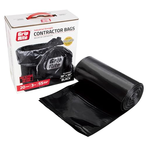 Grip-Rite Heavy Duty Black Contractor Garbage Bags - Durable Trash Bags for Yard Waste, Construction Debris, Lawn Maintenance - 55 Gallons - 38" x 58" - 20 Count - GRHDC55BAG20