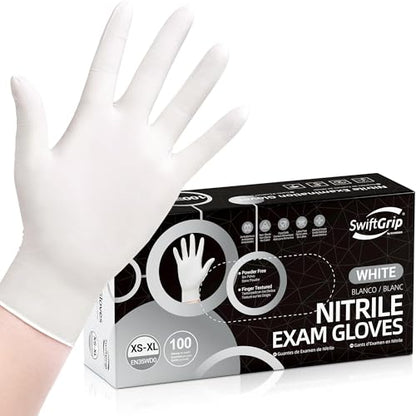 SwiftGrip Disposable Nitrile Exam Gloves, 3-mil, Large, Box of 100, White Nitrile Gloves Disposable Latex Free for Medical, Cleaning, Cooking & Esthetician, Food-Safe, Powder-Free, Non-Sterile - size: Large