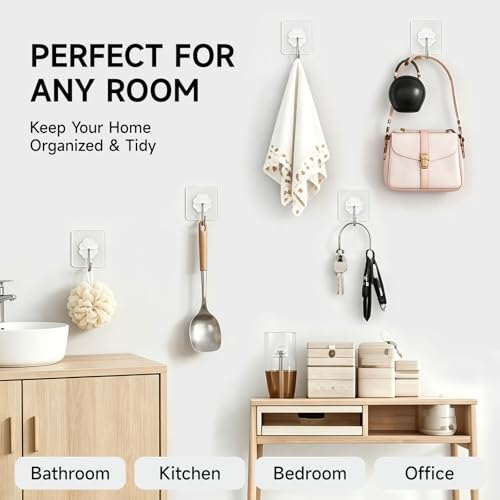 16 Pack Crystal Clear Adhesive Hooks for Hanging, Heavy Duty 22lb Sticky Hooks, Invisible Clear Wall Hooks No Drill No Damage, Waterproof Shower Hooks for Bathroom Kitchen Towel Keys