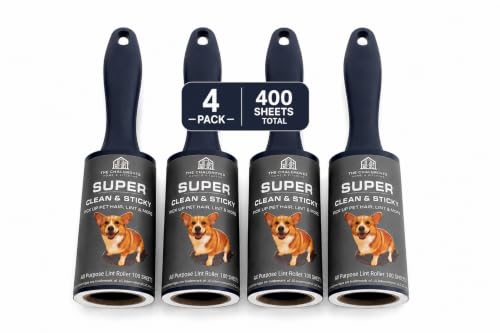 Extra Sticky Lint Roller for Pet Hair (400 Sheets) — 4-Pack, Straight-Cut Sheets, Ergonomic Navy Handles — Cat & Dog Hair Remover for Clothes, Furniture & Car - size: 4 Packs