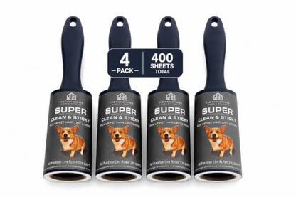 Extra Sticky Lint Roller for Pet Hair (400 Sheets) — 4-Pack, Straight-Cut Sheets, Ergonomic Navy Handles — Cat & Dog Hair Remover for Clothes, Furniture & Car - size: 4 Packs