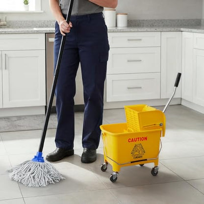 PLASTIC PRINCE Mop Bucket with NEW Reinforced Metal Wringer on Wheels Small Dual Chamber Industrial Mop Bucket with Reinforced Metal Wringer Separate Dirty Water for Business Household 20 Quart Yellow