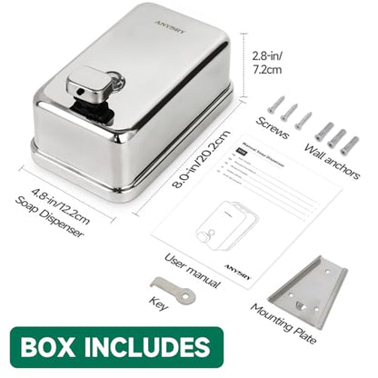 anydry Commercial Wall Mounted Soap Dispenser 37oz 1100ml Large Capacity Polished Stainless Steel Manual Dispenser for High Traffic Restrooms - color: Polished