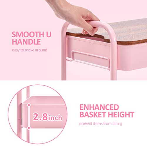 TOOLF 3-Tier Rolling Cart with Table Top, Metal Storage Cart on Wheels, Utility Organizer with Wooden Tray, Lockable Casters, Easy Assembly for Bathroom, Living Room, Office, Bedside, Pink - color: Pink