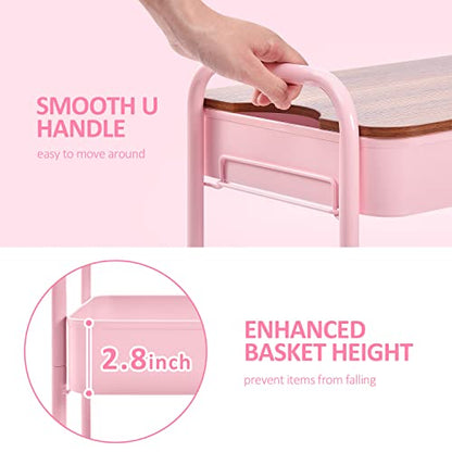 TOOLF 3-Tier Rolling Cart with Table Top, Metal Storage Cart on Wheels, Utility Organizer with Wooden Tray, Lockable Casters, Easy Assembly for Bathroom, Living Room, Office, Bedside, Pink - color: Pink