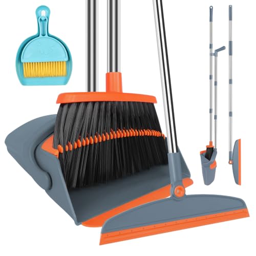 Broom with Dustpan & Floor Squeegee Set - 51" Adjustable Handle Silicone Broom for Pet Hair/Window Cleaning, Non-Scratch Household Kit, Orange - color: Orange