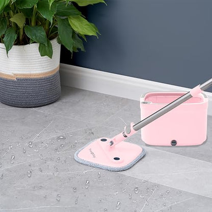 Spin Mop and Bucket with Separate Compartments for Clean and Dirty Water NEW 2025 Upgraded Version w/Side Brush and Self Standing Handle, Smart Square Mop w/ 2 Machine Washable Microfiber Pads, Rose - color: Pink
