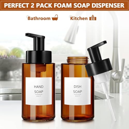 RYTOXILO Amber Foam Soap Dispenser, 10 oz/300ml Glass Foaming Soap Dispenser, 2 Pcs Foaming Hand Dispenser for Bathroom & Kitchen, Refillable Bottle with Waterproof Labels - color: Amber Bottle, size: 10 Fl oz