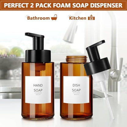 RYTOXILO Amber Foam Soap Dispenser, 10 oz/300ml Glass Foaming Soap Dispenser, 2 Pcs Foaming Hand Dispenser for Bathroom & Kitchen, Refillable Bottle with Waterproof Labels - color: Amber Bottle, size: 10 Fl oz