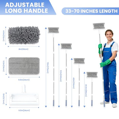 Ceiling Fan Cleaner Duster with 80'' Extendable Long Handle Pole - Microfiber Chenille Pads for Blades, Baseboards, Walls, Floors, Blinds & Cobwebs - Reusable & Washable