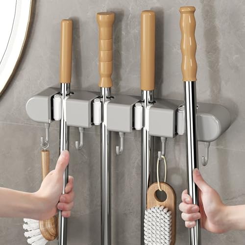 Broom & Mop Holder Wall Mount - 4 Racks & 5 Hooks Storage Organizer for Home, Kitchen, Garage, Garden, Laundry & Bathroom, Space-Saving Utility Rack