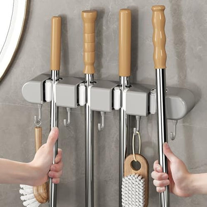 Broom & Mop Holder Wall Mount - 4 Racks & 5 Hooks Storage Organizer for Home, Kitchen, Garage, Garden, Laundry & Bathroom, Space-Saving Utility Rack