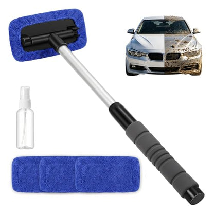 Car Windshield Cleaning Tool, Microfiber Wand Window Cleaner Kit for Auto Glass, 2026 Upgraded Car Window Cleaner with Reusable Washable Pads, Interior Exterior Glass Scrubbing Wand (Blue - Square) - color: Blue - Square