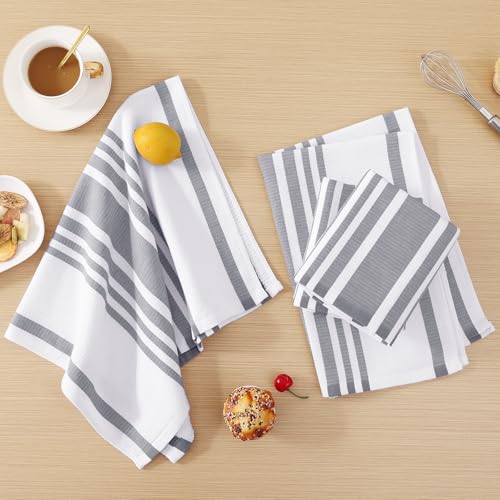 Homaxy Premium Kitchen Towels 18”x 28”, Large Cotton 380 GSM Kitchen Hand Towels, Stripe and Terry Dish Towel, Highly Absorbent Tea Towel Set with Hanging Loop, 12 Pack, Grey - color: Grey Stripe, style: 12-pack