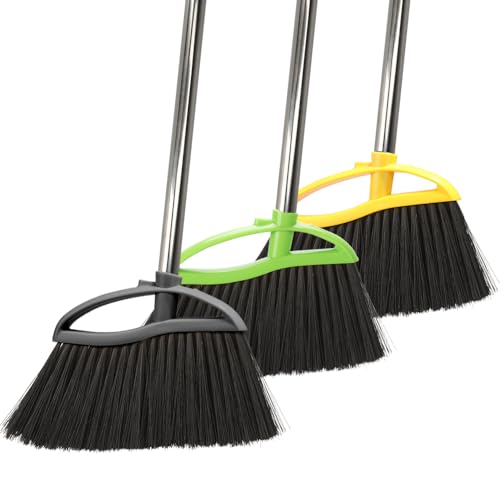 3 Pack Soft Bristle Angle Broom for Floors - Wide Indoor Heavy Duty Broom with 38"-53.5" Adjustable Handle, Kitchen & Restaurant Use for Hardwood, Porch (Gray, Yellow, Green) - color: Gray, Yellow, Green