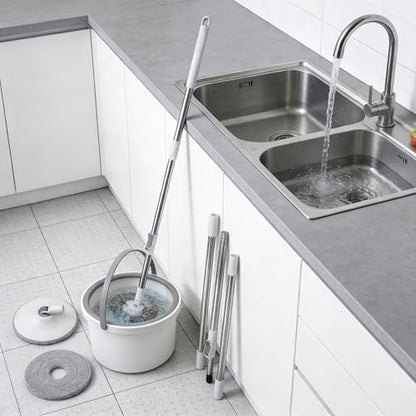 Spin Mop and Bucket System with 2 Microfiber Mop Heads, 360° Rotating Floor Mop for Wet and Dry Cleaning, Adjustable Stainless Steel Handle, Compact Cleaning Set for Hardwood, Tile, Laminate, Grey