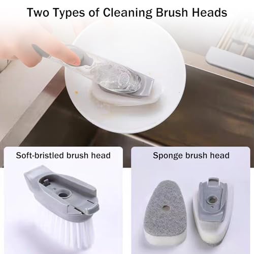 Soap Dispensing Dish Brush with Holder, Kitchen Pot Pan Scrub Brush Set with Replaceable Brush Head, Sink Cleaning Brush with Storage Tray (3-Piece Set Sponge Head) - color: 3-piece Set Sponge Head