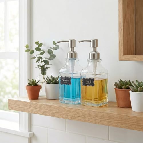 JASAI 2Pack Antique Design Glass Soap Dispenser with Rust Proof 304 Stainless Steel Pump, Refillable Hand Soap Dispenser with 10Pcs Stickers, Premium Soap Dispensers for Kitchen & Bathroom (Clear) - color: 2 Pack Silver