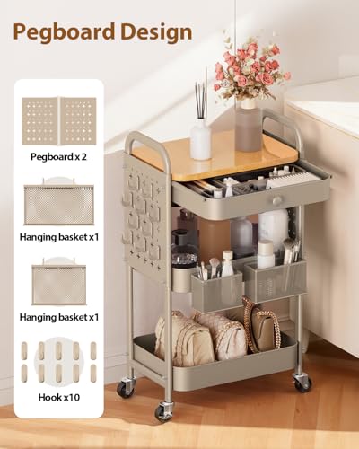 ALVOROG Rolling Cart with Drawer and Wood Table Top, 3 Tier Metal Rolling Utility Cart on Wheels with DIY Pegboards, Hanging Baskets, Hooks for Kitchen, Bedroom, Office, Craft Supplies - color: Beige