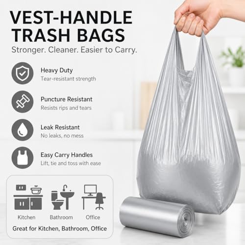 Trash Bags Small Garbage Bags with Handle 1 Rolls 30 Count Strong Kitchen Bathroom Waste Bags Leak Resistant Disposable Bin Liners Black - color: Silver