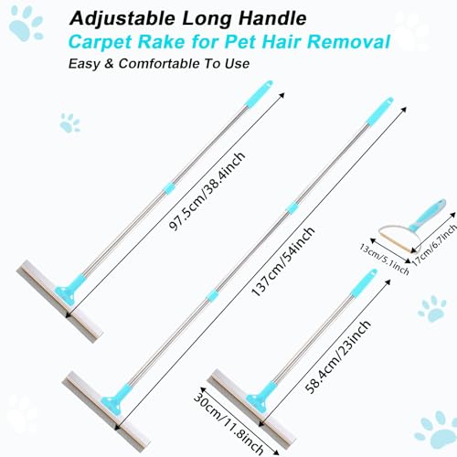Hotsky Carpet Rake for Pet Hair Removal,3 in 1 Reusable Silicone Carpet Broom,54 inch Adjustable Cat Dog Hair Remover Tool with Lint Scraper and Patented Design for Rugs,Mats,Sofas,Floors
