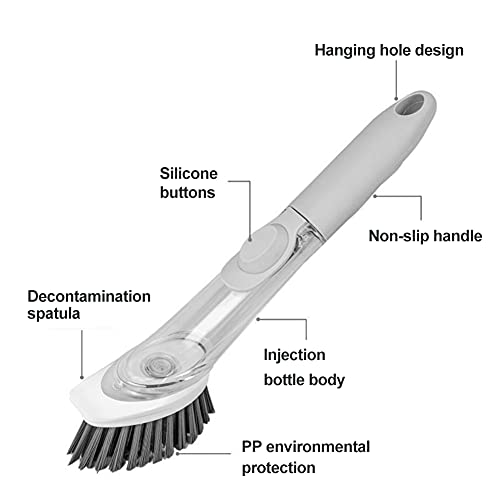 Soap Dispensing Dish Brush with 4 Replaceable Heads, Updated No Leaking Soap Dish Scrubber Soap Dispenser, Kitchen Dish Brush with Soap Dispenser for Pot Pan Sink Cleaning(Light Gray)