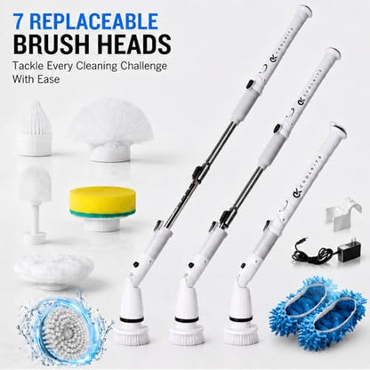 Electric Spin Scrubber, Full-Body IPX7 Waterproof Cordless Bathroom Scrubber, Adjustable Extension Handle, Shower Cleaner Brush for Bathtub Tile Grout Floor Wall, 4000mAh, 6 Brush Heads.