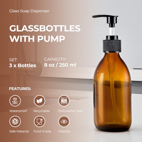 8 oz Amber Glass Soap Dispenser, 250ml Glass Pump Bottle for Body Lotion Massage Oil, Refillable Empty Hand and Dish Soap Dispensers Set with Labels - 3 Pack - color: Amber