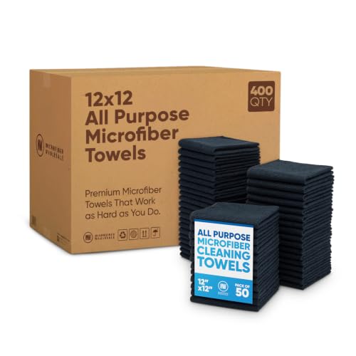 Microfiber Wholesale Bulk Black Microfiber Towels 12" x 12" Case of 400 – High-Density All-Purpose Cleaning Cloths for Car Washes, Auto Shops & Professional Cleaning – No Fraying Reusable Long-Lasting - color: Black, size: 400 Count (Pack of 1)