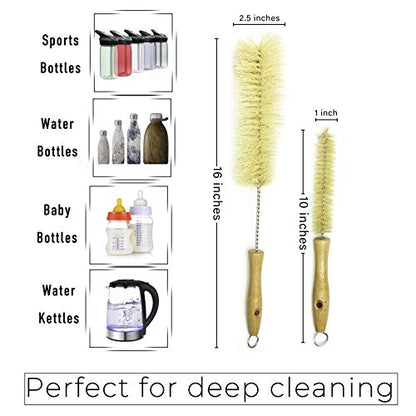 All Natural Bottle Brush and Straw Set (NO Plastic) Sisal Bristles and Wood Handle Bottle Cleaners for Washing Narrow Beer Bottles, Sports/Water Bottles, Tumbler, Kettles, Lid Brush, Long Straw Brush