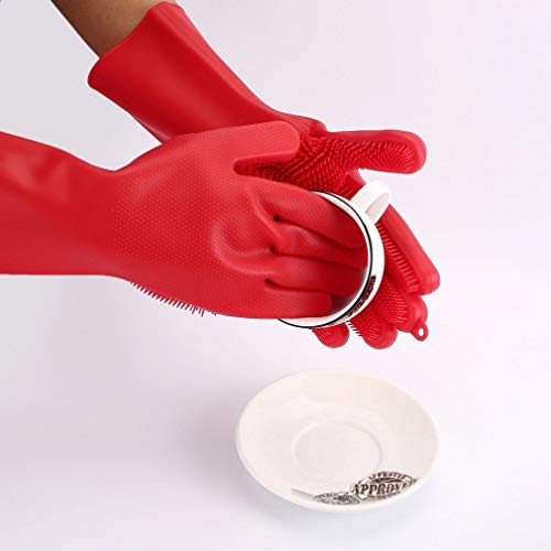 Silicone Dishwashing Gloves, Pet Grooming Rubber Scrubbing for Dishes, Sponge Wash Cleaning with Scrubbers (13.6" L) - color: Red